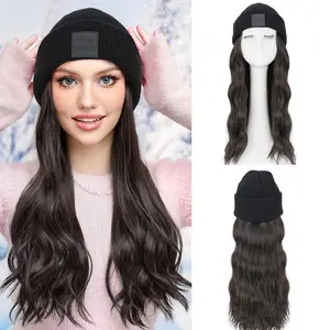 Beanie Wig Hair Extensions,18 Inch Long Wavy Hair Extensions with Knitted Hat Wigs for Women Winter Medium Brown