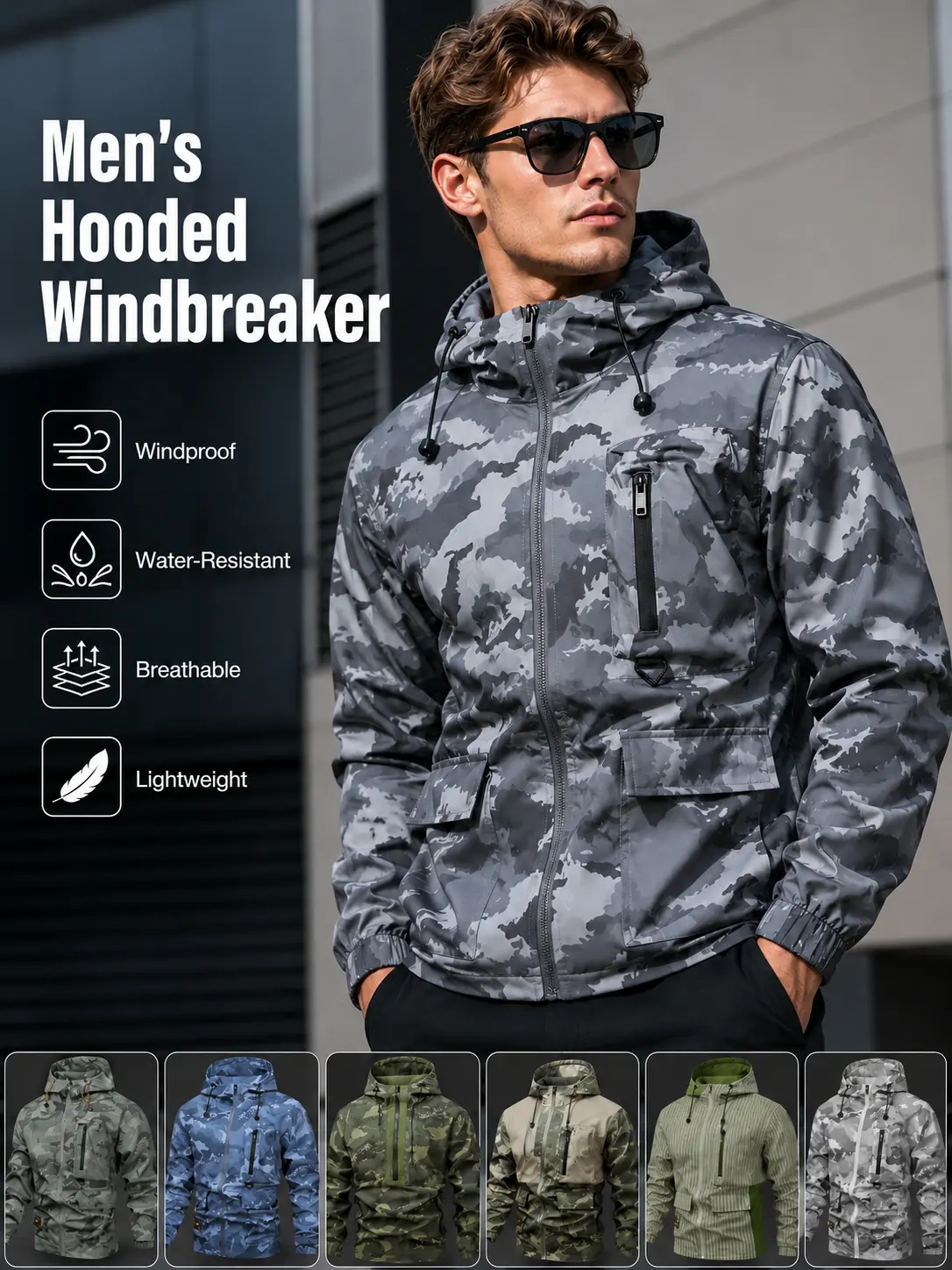 Men's Camo Print Jacket Waterproof Hooded Windbreaker Coat with Zip Up Closure Pockets Military Style Outdoor Outerwear Lightweight Casual Jacket for Fall Winter Hiking Travel Camping and Daily Wear