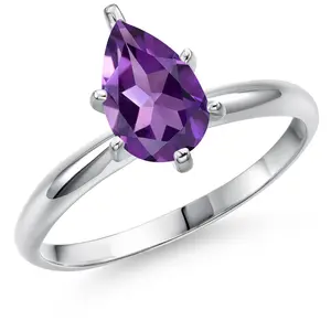 Gem Stone King 14K White Gold Pear Shape 9X6MM Gemstone Birthstone Solitaire Engagement Ring | Wedding Anniversary Promise Gold Ring For Women | Available In Size 5, 6, 7, 8, 9