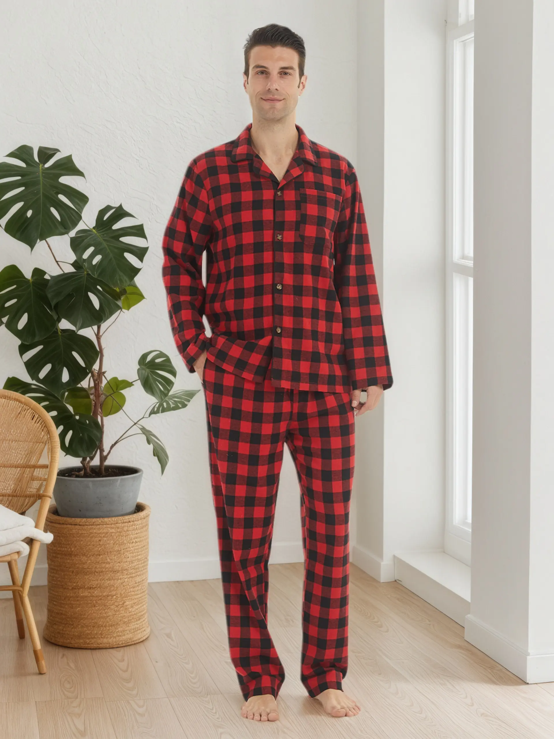 Valentina's Mens Flannel Pajamas Set Cotton Plaid Pjs Button Down Warm Soft Lounge Sleepwear Top & Pj Pants with Pockets Christmas Classic Long Sleeve Loungewear Comfortable Elastic Fit Birthday Homewear