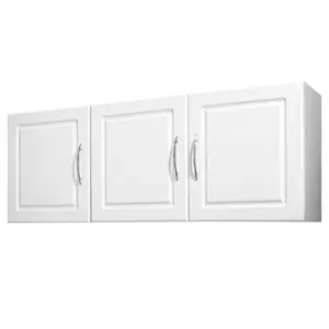 Laundry Room Wall Cabinet, 2-Tier Wall Mounted Cabinet with Adjustable Shelf, Three-Door Cupboard Storage for Kitchen and Laundry, White Finish, Mounting Hardware Included, Dimensions 12.44 x 54 x 20.31 in (D x W x H)