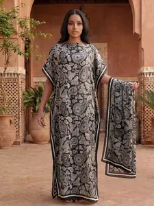 Boho Style Paisley Print Moo Moo Long Dress Robe Shawl Set, Women's Beach Sun Protection Silk Scarf, Fitted All Seasons, Swimwear Coverups