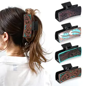 Women's 4-Pcs Large Cowhide-Design Resin Hair Clips, Western Cowgirl Aesthetic Vintage Hairpins with Strong Grip, Cowboy Stuff Fashion Accessory for Daily Wear, Suitable for Adults with Thick or Thin Hair, Ideal Gifts