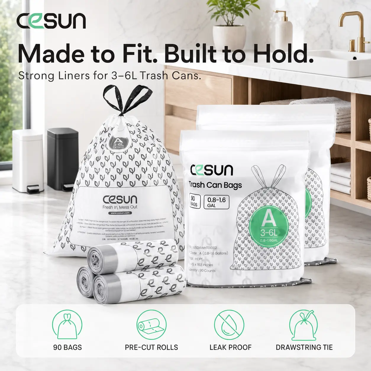 Cesun Code A Drawstring Trash Bags, 90-Count Pre-Cut 1.6 Gal/6 L Small Bathroom Trash Can Liners, White