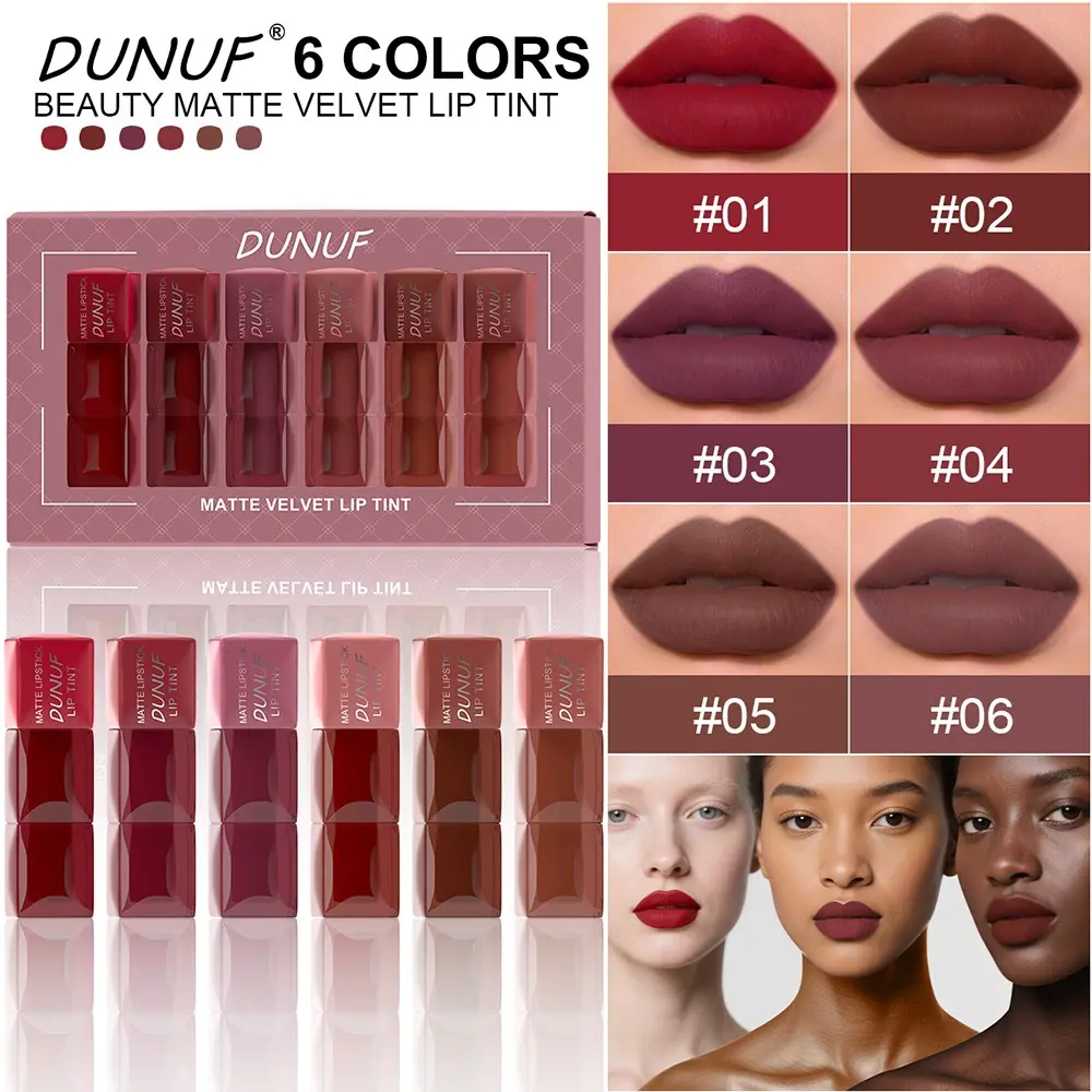 DUNUF 6 Colors Matte Velvet Lip Tint Set, Matte Lip Stain, Highly Pigmented Liquid Lipstick, Waterproof Long-Lasting Transfer-Proof, Natural 3D Stereo Lip Makeup For Women