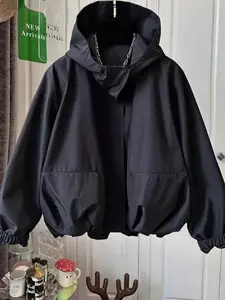 Women's Hooded Windbreaker Jacket, Loose Fit, Non-Stretch Woven Fabric, Front Pocket Design, Casual Daily Wear, Everyday, Office & Travel Use