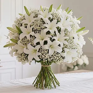 28-Piece Realistic Cemetery Flower Bouquet, Artificial Flower Arrangement, Includes 20 Star Gazer & 8 Lily Flowers, Wedding Decor, UV Resistant, No Maintenance, Home Decoration