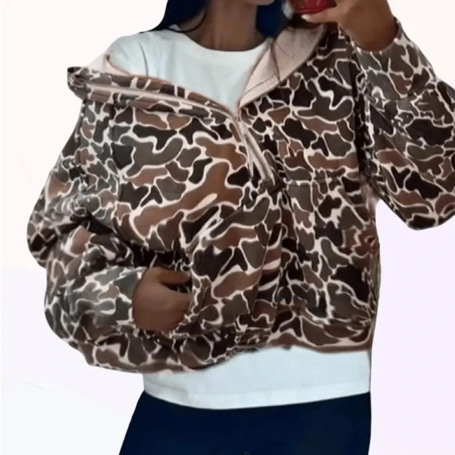 Camo Hoodie Oversized Quarter Zip Pullover Women Cute Camo Zip Up Hoodie Colorful Patchwork Cheetah Hoodies