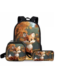 Cute fox print backpack three piece set lunch bag pencil case backpack