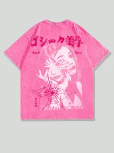 Cotton women portrait Japanese short sleeved Long Fitted T-shirt suitable for both men and women, cartoon aesthetic geometric spider web printed shirt for both men and women, European and American streetwear fashion casual summer short sleeved Y2K