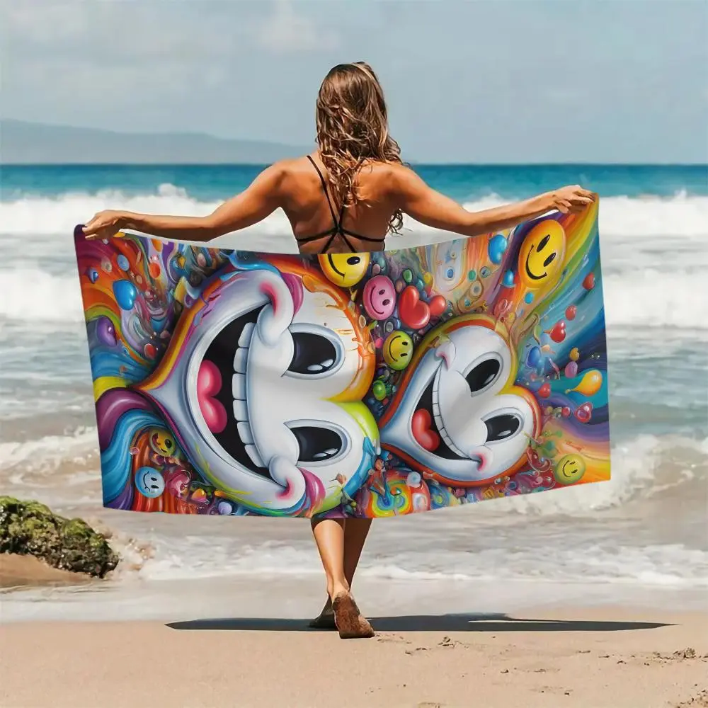 Emoji Face Pattern Beach Towel, Soft Absorbent Towel, Portable Quick Drying Towel for Beach, Swimming, Travel, Camping, Hiking