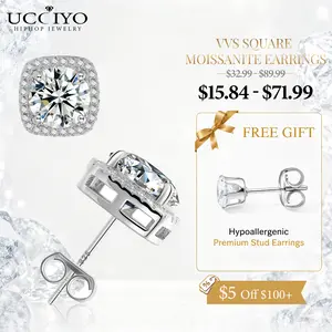 UCCIYO D VVS Synthetic Moissanite Square Stud Earrings 925 Sterling Silver Women Wedding Jewelry Elegant Jewelry Birthday Gift Anniversary Evening Party summerwins【#E203】 Fine Studs