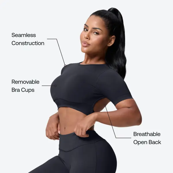 BetterMe Women's Black SculptMe Backless Seamless Crop Top - Removable Padding, Snug Fit, Airy Fabric, Seamless Sports Bras, Lightness & Flattering Shape, All Seasons, Easy to Pair Workout Activewear