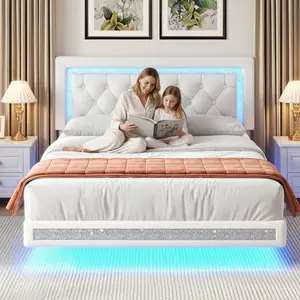 MRAEER Floating Diamond Bed Frame with LED Lights, No Mattress, with Tufted Button Headboard, Wood Slat Support, No Box Spring Needed, Easy Assembly