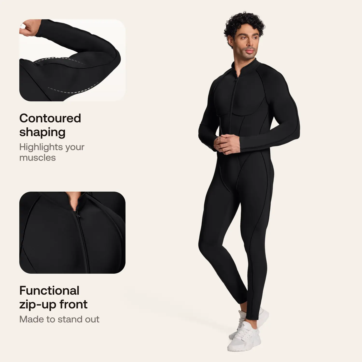 BetterMe Men's Closed-Back Bodysuit - Polyester-Spandex Mix, Contoured Seams, Zip-Front, Second-Skin Fit, Plain Bold Finish, Athletic Romper Overall for Gym (Black Basic), Rompers