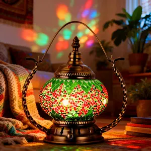 Vintage Red & Green Turkish Mosaic Table Lamp, Warm Ambient Accent Lighting, 3-Way Touch Dimmable Rechargeable Cordless Lamp for Living Room