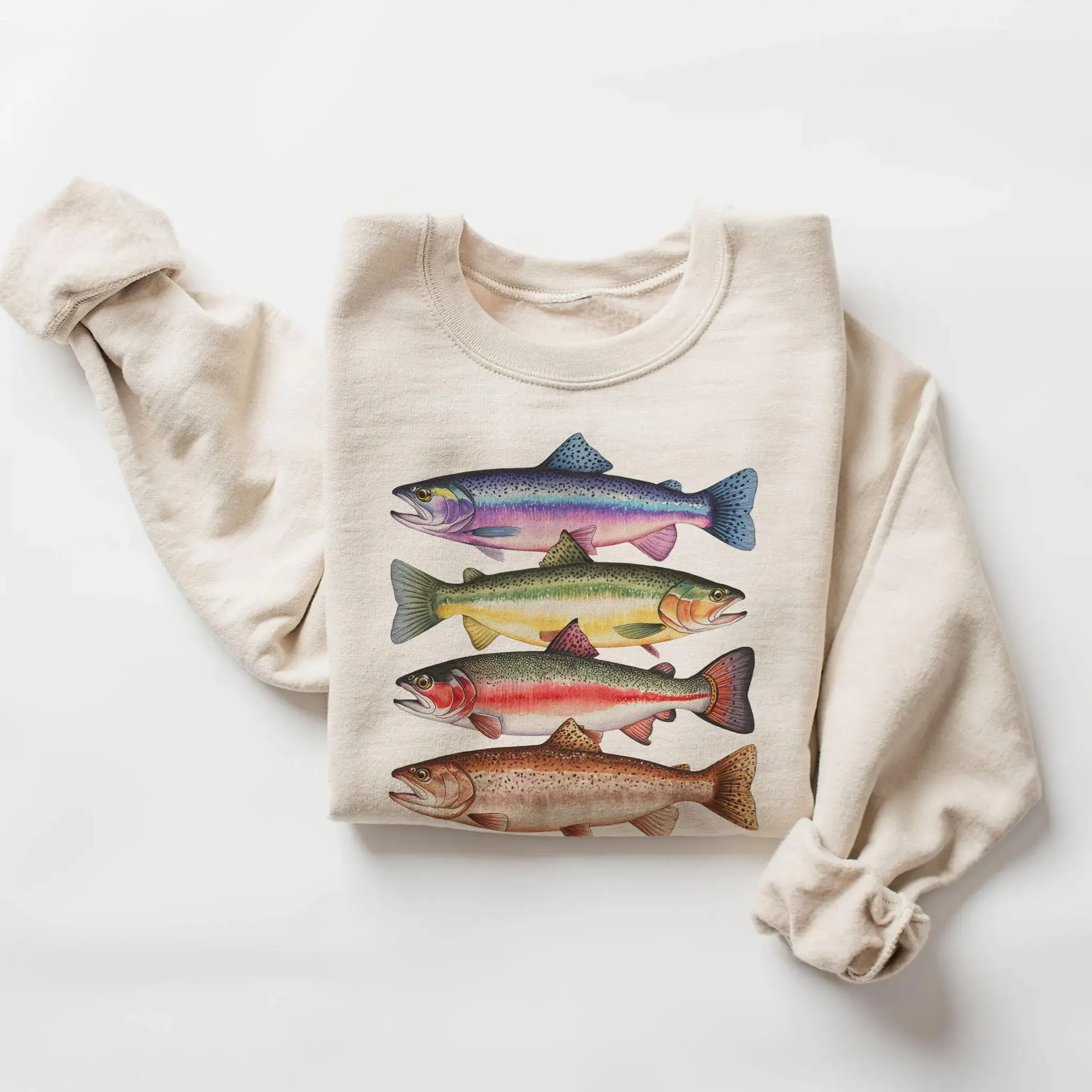 Women’s Outdoor Sweatshirt – Fishing Trout Graphic Sweater, Colorful Nature Outfit Gift for Wife, Girlfriend, Fisherwoman Tops