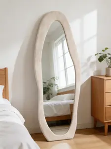 Summervibes 63"x24" Full Length Mirror, Flannel-Wrapped Wooden Frame, Irregular Wavy Design, Shatterproof Tempered Glass, White Room Decor for Bedroom, Living Room