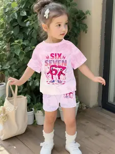 Pink cartoon-style 67 baby girl's set with digital printing, 100% polyester baby short-sleeve set, Baby Clothing. It's a cute casual outfit for baby girls, suitable for daily wear and outdoor sports as a T-shirt. It's a perfect gift for babies.