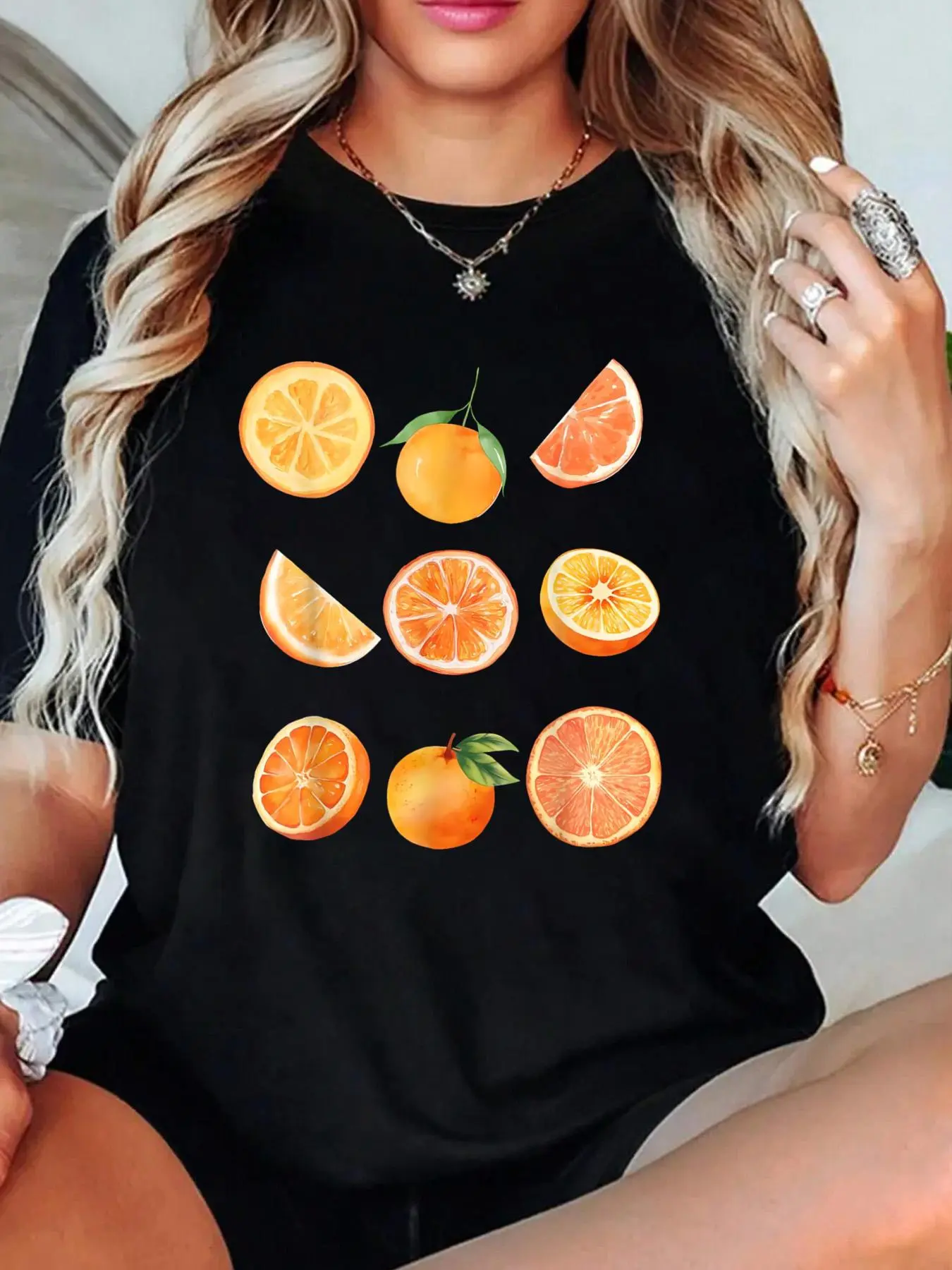 Vintage Graphic Fruit Orange Aesthetic Boho Juicy Men Women T-Shirt Crew Neck T Shirt For Summer, Women's Soft Short Sleeve Top, Stylish Comfy Tee For Women Graphic Tees