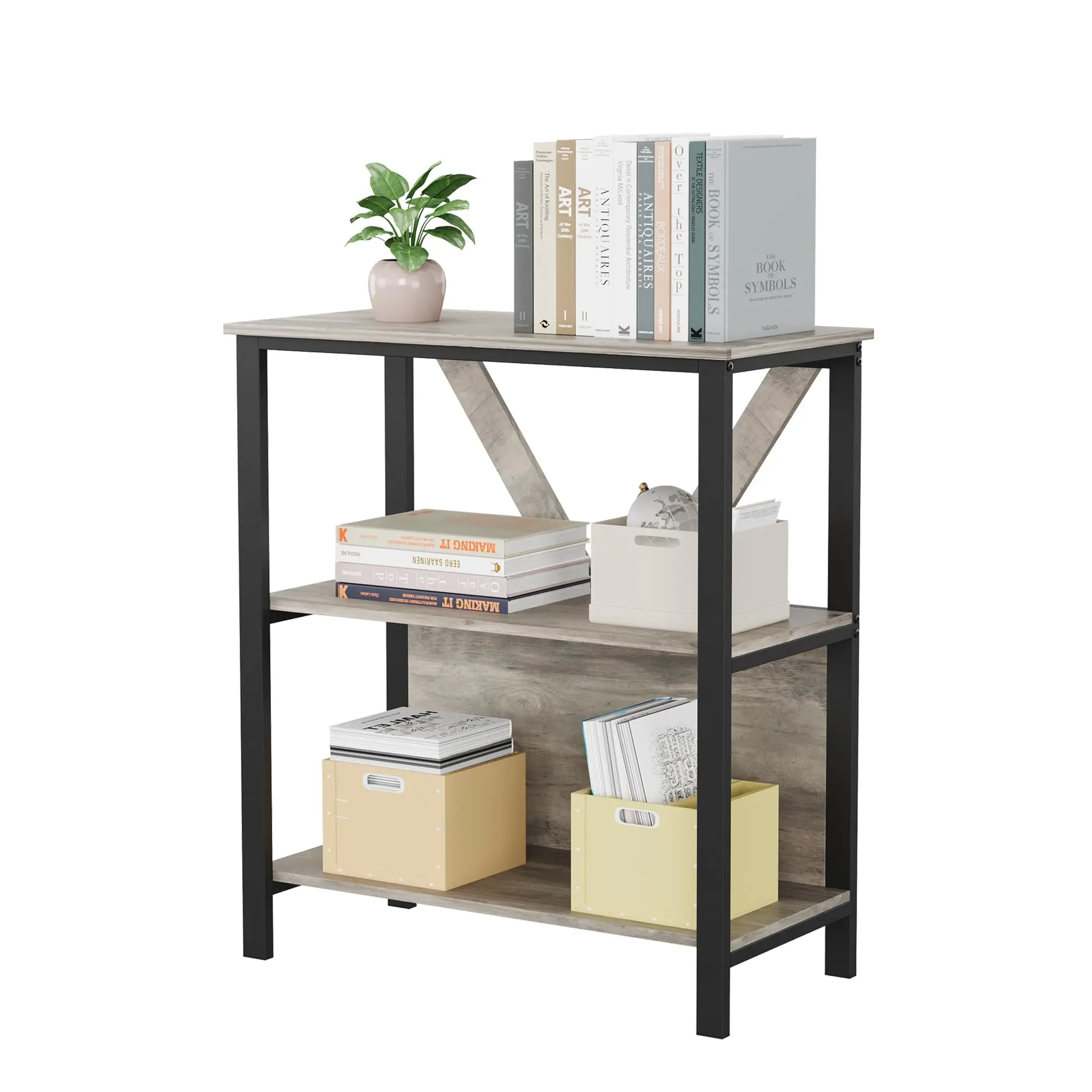 3‑Tier LED Book Shelf – Industrial Open Display Wood Shelves with Dimmable RGB Strip Light, Freestanding Grey Bookshelf with Steel Frame, Storage Organizer Bookcase for Home Office, Living Room