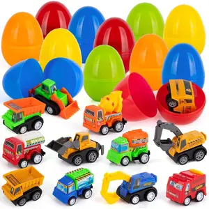 Pre Filled Easter Eggs with Vehicles Inside - Set of 12 - Colorful Surprise Eggs for Kids with Pullback Construction Truck Toys - Easter Egg Hunt Supplies - Easter Basket Stuffers