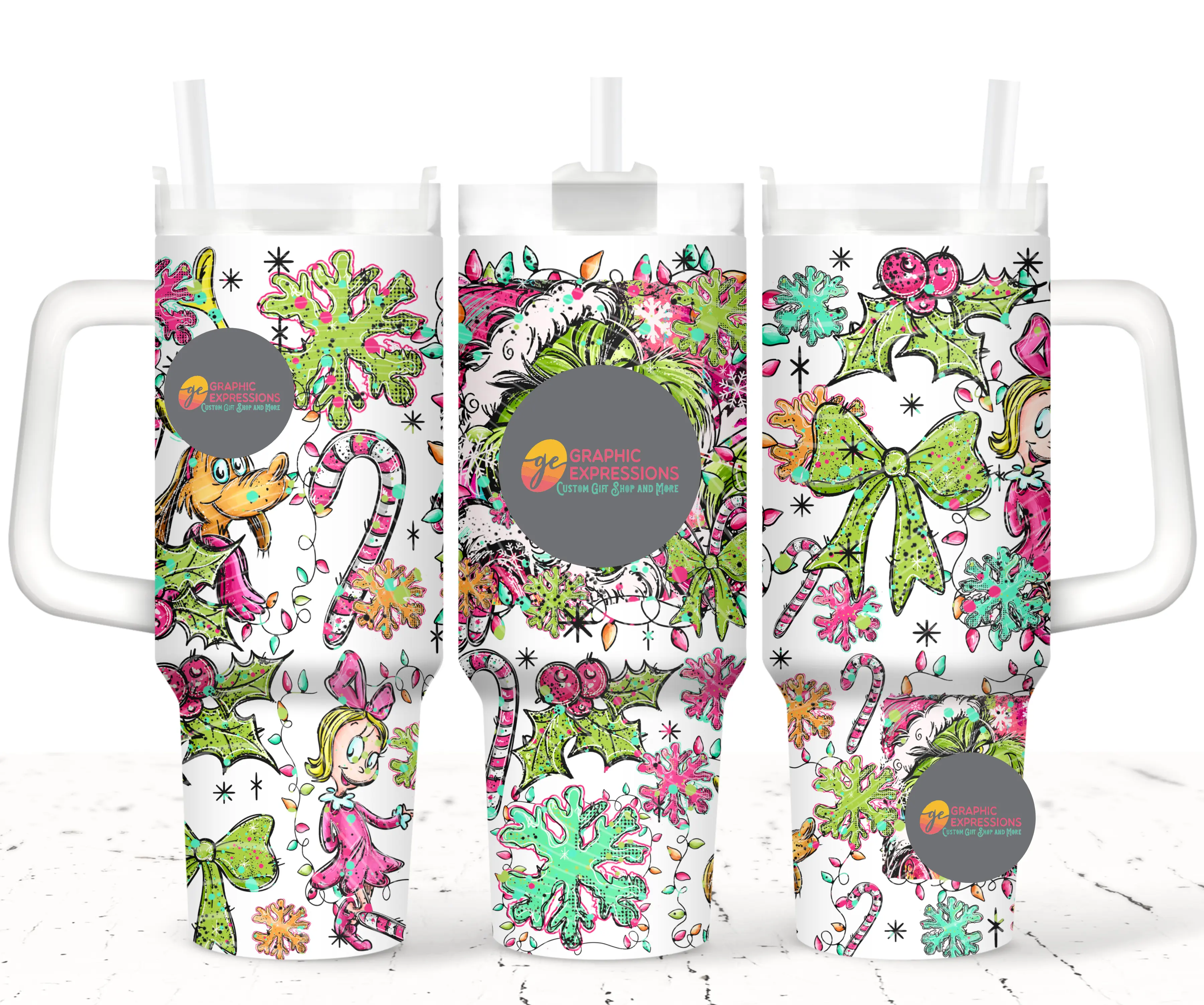 40oz Sturdy Double-Wall Insulated Stainless Steel Christmas Tumbler - Neon Green & Pink Merry Mischief Holiday Design, Handle, Includes Straw, Festive Gifting for Adults, Kitchenware Drinkware (Oct '25)