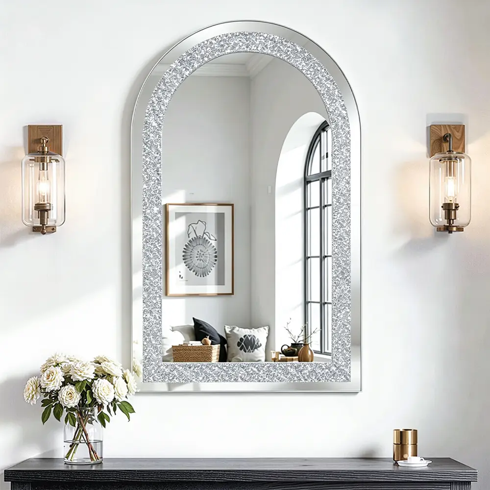 Arched design rhinestone mirror, frameless wall mirror, silver glass wall mirror, crystal rhinestones makeup mirror—suitable for living rooms, bathrooms, entryways, and hallway wall decoration.