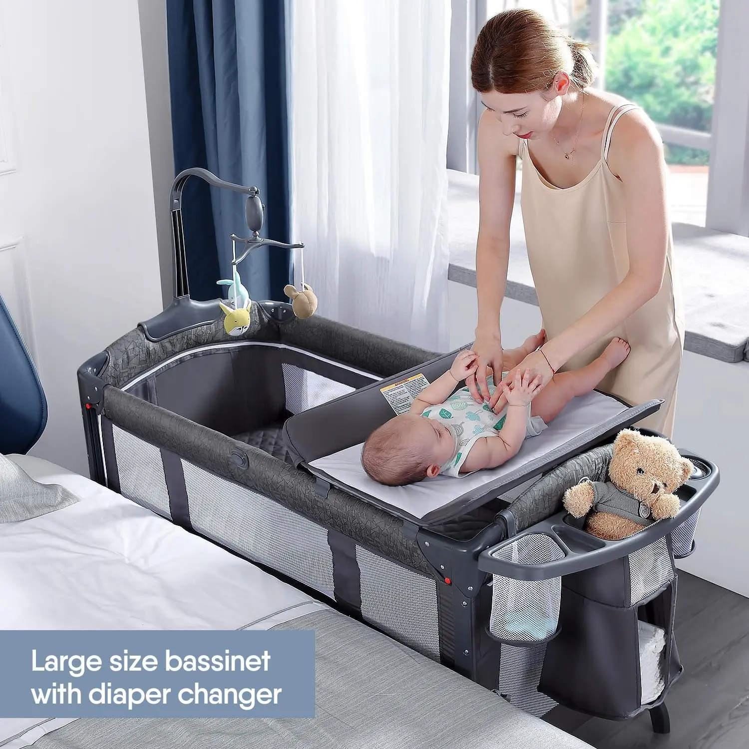 BabyBond 5in1 Baby Bassinet Bedside Sleeper, Crib for Infant and Newborn, Easy Folding Portable Large Playards, Pack and Play with Mattress, Diaper Changer and Music Mobile