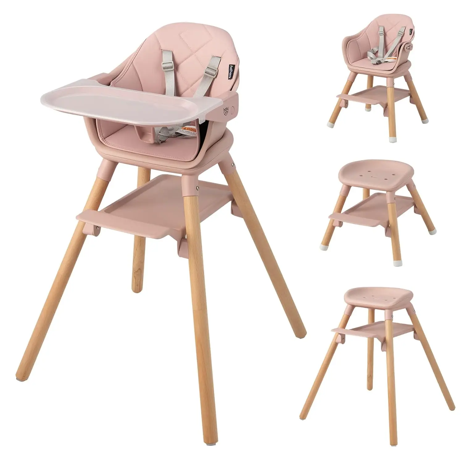 Costzon 6-in-1 Convertible Wooden Highchair – Infant-Safe, Child-Friendly Baby Furniture with Adjustable Legs, Safety Harness, Waterproof PU Cushion – Highchairs for Babies and Toddlers, Comfy Toddler Chairs, Easy Feed Chairs
