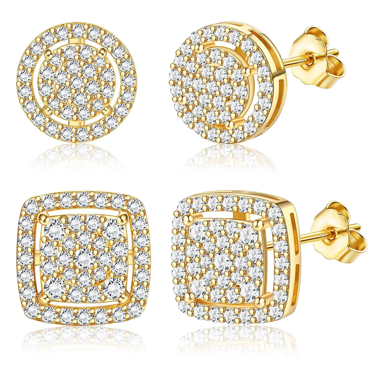 Men's Earrings 14K Gold/Silver Earrings for Men Women Iced Out Square Earrings Mens Stud Earrings Set