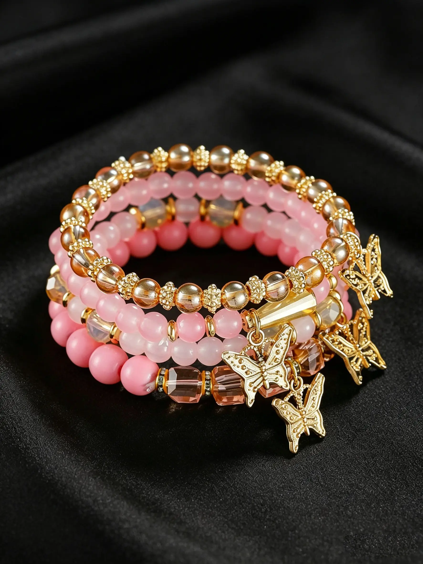 4pcs Bohemian Butterfly Crystal Stone Elastic Pendant Bracelet Set, Women/Girls Gold Beaded Stackable Elastic Bracelets, Colorful Charm Jewelry, Boho Summer Beach Style, Bracelet with Charms, Bracelets Stacking