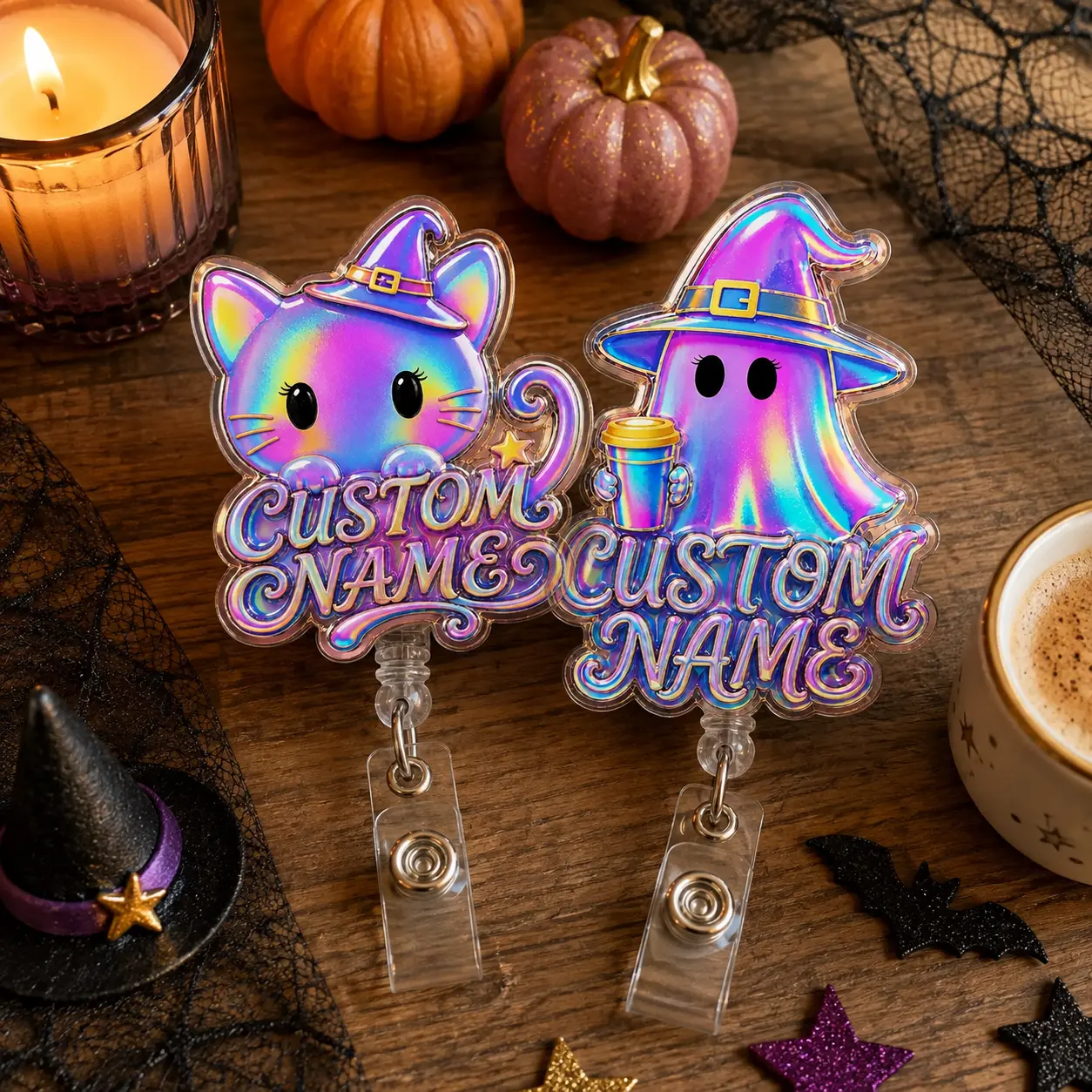 Halloween Badge Reel, Custom Name Holographic Acrylic Badge Holder, Retractable Clip for Nurse Teacher Witch Ghost Cat