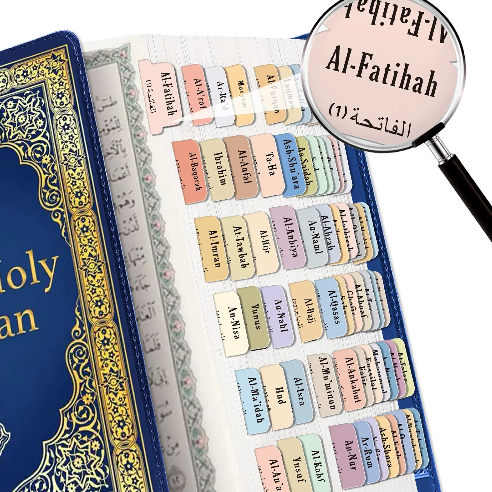 120pcs Quran Tabs with English & Arabic Chapters, 114 Surah Labels & 6 Blank Tabs, for Quran Navigation, Islamic Study Book Markers, Ramadan Gift