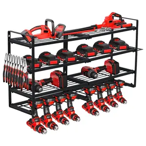 Heavy Duty Power Tool Organizer Wall Mount with Charging Station, 3-Tier Garage Tool Rack, 8 Outlets, 4-Slot Drill Holder, Hooks, Drill Bit & Battery Storage Shelf
