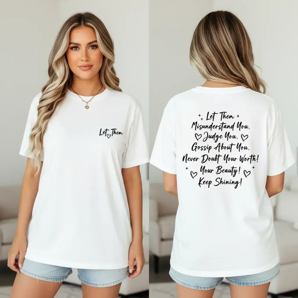 Women's Casual "Let Them" Graphic T-Shirt, Oversized Fit Short-Sleeve Top in Soft Breathable Cotton with Inspirational Back Print, Shortsleeve, Heart, Tshirt, Elegant, Everyday, All Seasons, Classic, Figure