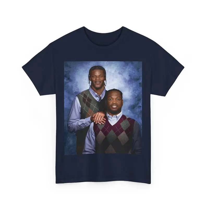 Men's Fitted Classic Short-Sleeve Cotton Round Neck T-Shirt - Vintage Lamar Jackson Derrick Henry Baltimore Step Brothers Football Graphic, Preppy Casual Menswear Merch, Breathable Top, Football Festival Vibes, New Year, Do Not Dry Clean, Cute, White, Sho