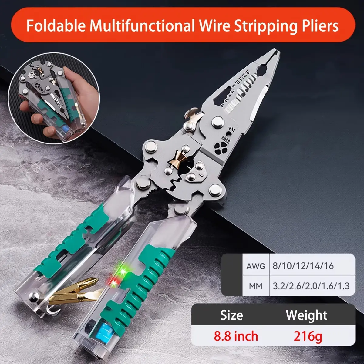 18-in-1 Foldable Multifunction Wire Stripper Pliers, Professional Electrician Tool with Cable Cutter & Crimper, 8-16 AWG Heavy Duty Wire Stripping Tool for Home Repair, DIY, Automotive & Industrial Use