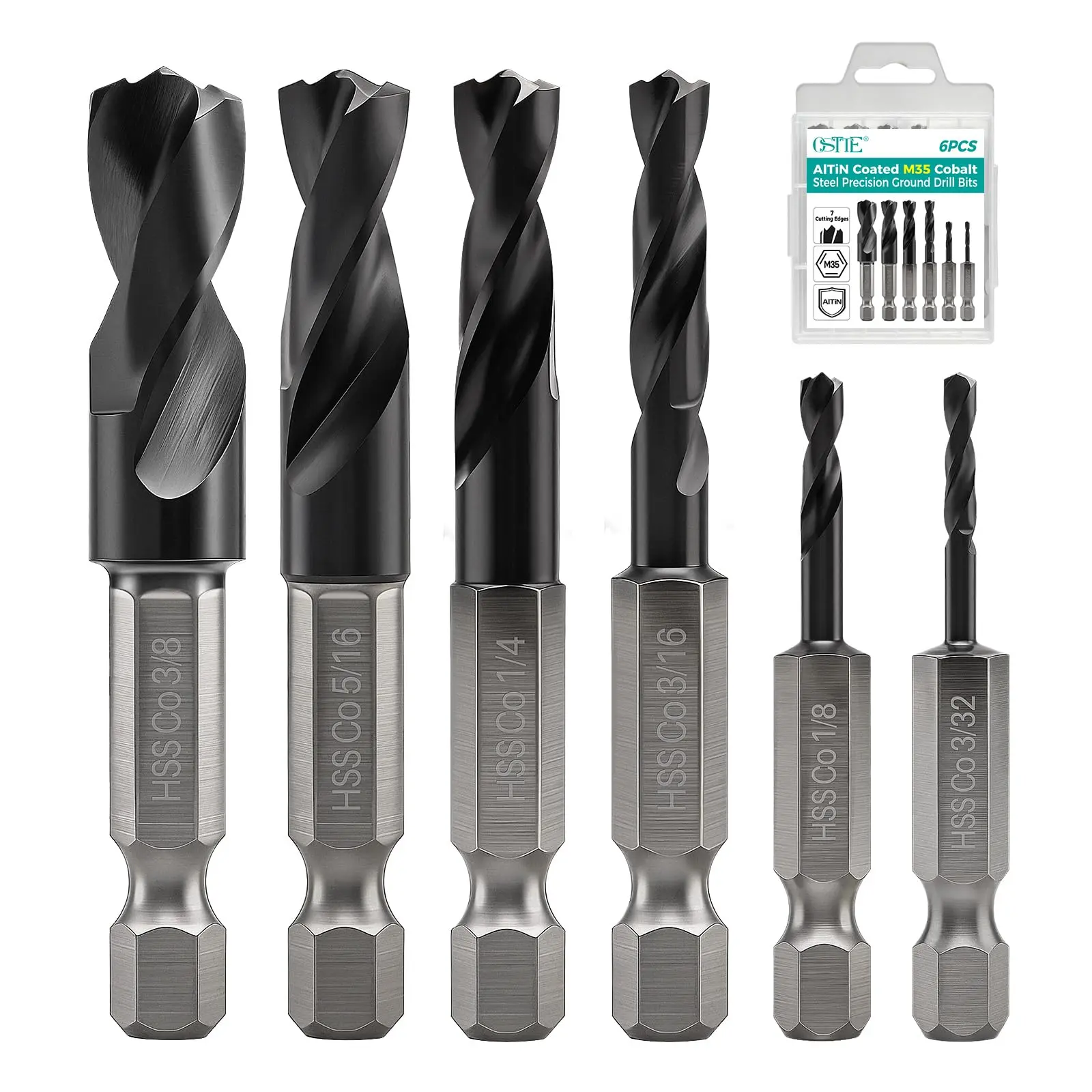 6Pcs M35 Cobalt Stubby Drill Bit Set, TiAlN Coated, 7 Cutting Edges | Short Drill Bit for Hardened Metal & Stainless Steel, Wood & Plastic, 135° Split Point, 1/4" Hex Shank (3/32"-3/8")