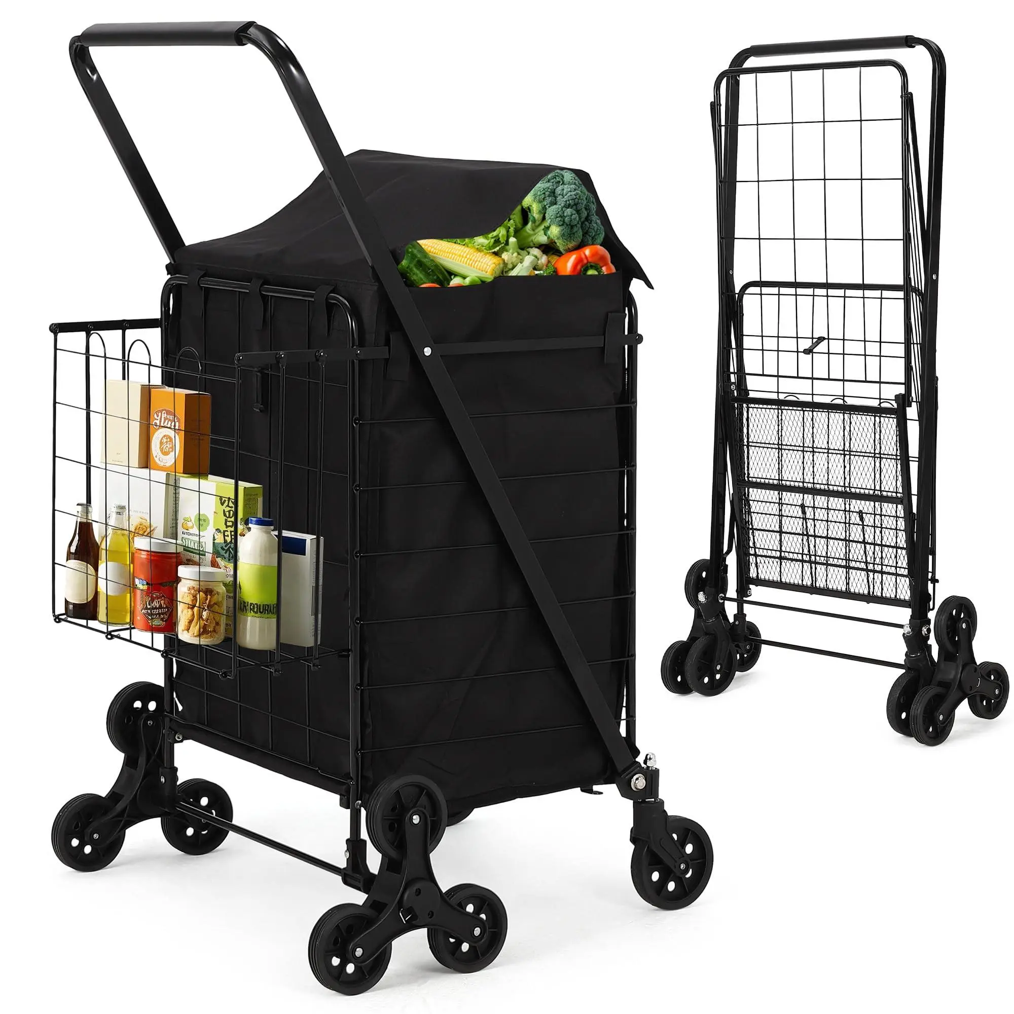 Stair Climbing Shopping Cart with Waterproof Liner, Folding Utility Cart with Rear Tri-Wheels, 360° Swivel Wheels, Portable Collapsible Grocery for Laundry, Shopping, Camping, Grocery, Luggage