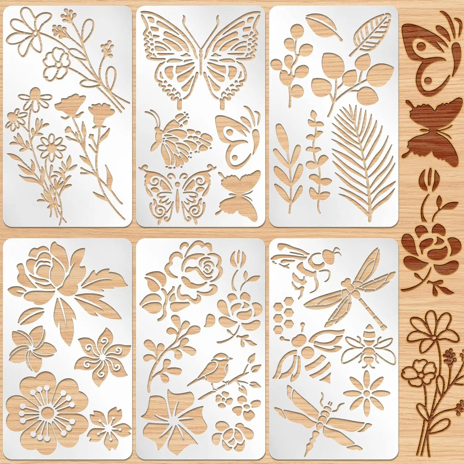 6 Pcs Mixed Metal Stencil Wood Templates Stencils for Journaling Burning Carving Drawing Engraving Scrapbooking Journal Craft DIY(Plant Style)