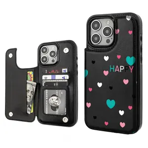 Colorful heart shape Aesthetics Pattern Phone Cases Compatible For With iphone 17 16 15 14 13 12 PRO PLUS MAX Air PU Brown Durable Flip High quality Leather Credit Card Bag Holder Gift Wallet Shockproof Anti-Drop Full Protection Phone Cases Shell Cover