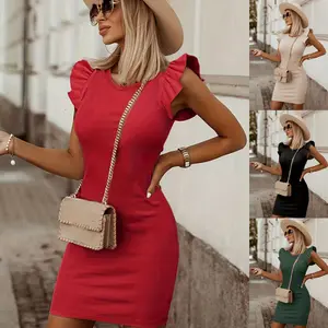 2025 Spring and Summer Temperament Commuter Solid Color Slim Bat Sleeve Mid-Waist Women's Dress