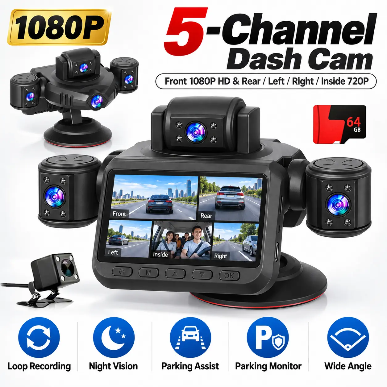 BCUOZ-5-Camera Dash Cam, WiFi&APP Control,FHD 1080P Recording, Loop Recording, Collision Detection, Reversing Assist & App Connectivity,with 64GB TF Card,Ideal for Daily Commuters, Rideshare Drivers, Road Trips and Long-Distance Driving