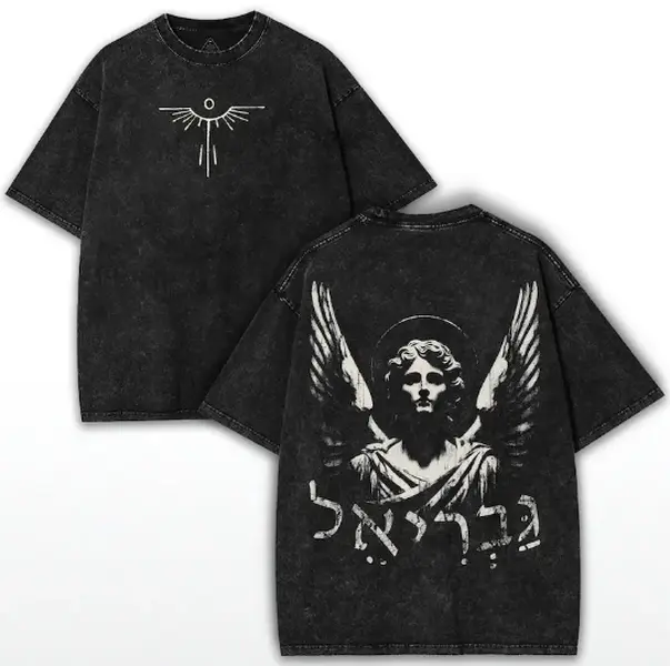Archangel Gabriel Vintage Tee: Gothic Angel Back Art, Hebrew Lettering