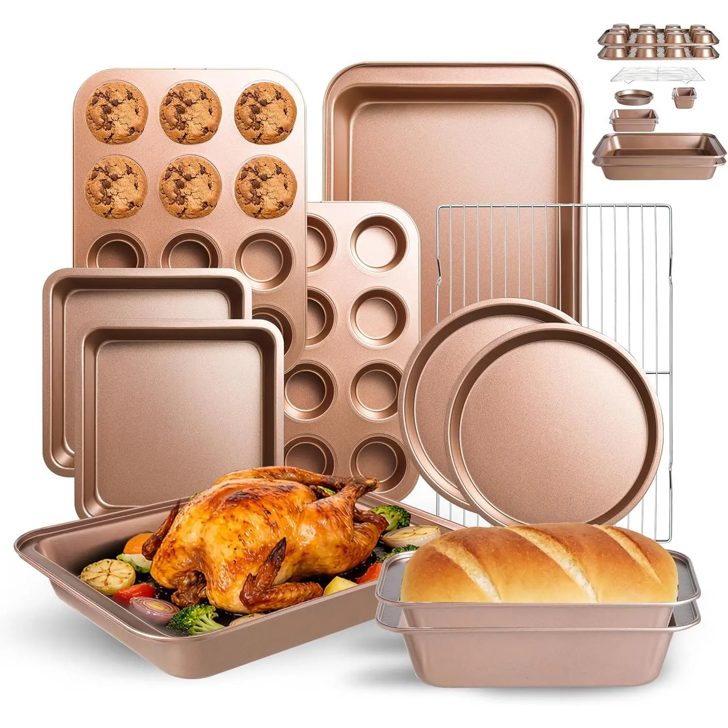 11-Piece Nonstick Carbon Steel Baking Pans Set for Kitchen Holiday Baking - Professional-Grade Lightweight, Even Heat Distribution, Heat-Resistant (Oven-Safe to 450°F) Bakeware with Silicone-Enhanced Premium Coating, Handles, Stackable, Easy Cleaning