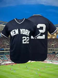 Men's Letter & Figure Patched Contrast Trim Mesh Breathable Baseball Jersey, Stylish Jersey, Loose Casual Comfortable V Neck Short Sleeve Baseball Top for Daily Wear, Outdoor Sports Top for All Seasons, Baseball Shirt