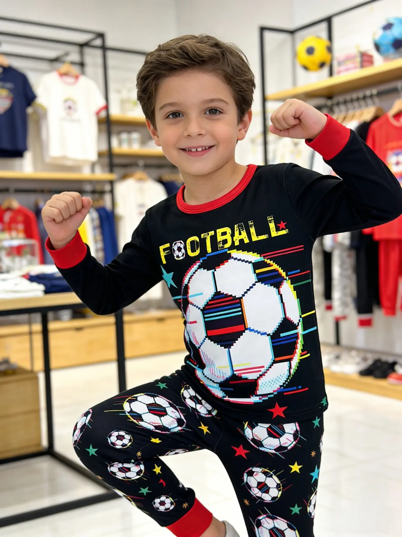 Boys' Round Neck Long Sleeve Pyjama Set, Football Print, Comfortable Fitted Homewear, Casual Cartoon Pattern, All Seasons, Round Neck Pajamas, Cartoon Print Sleepwear