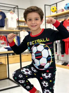 Boys' Round Neck Long Sleeve Pyjama Set, Football Print, Comfortable Fitted Homewear, Casual Cartoon Pattern, All Seasons