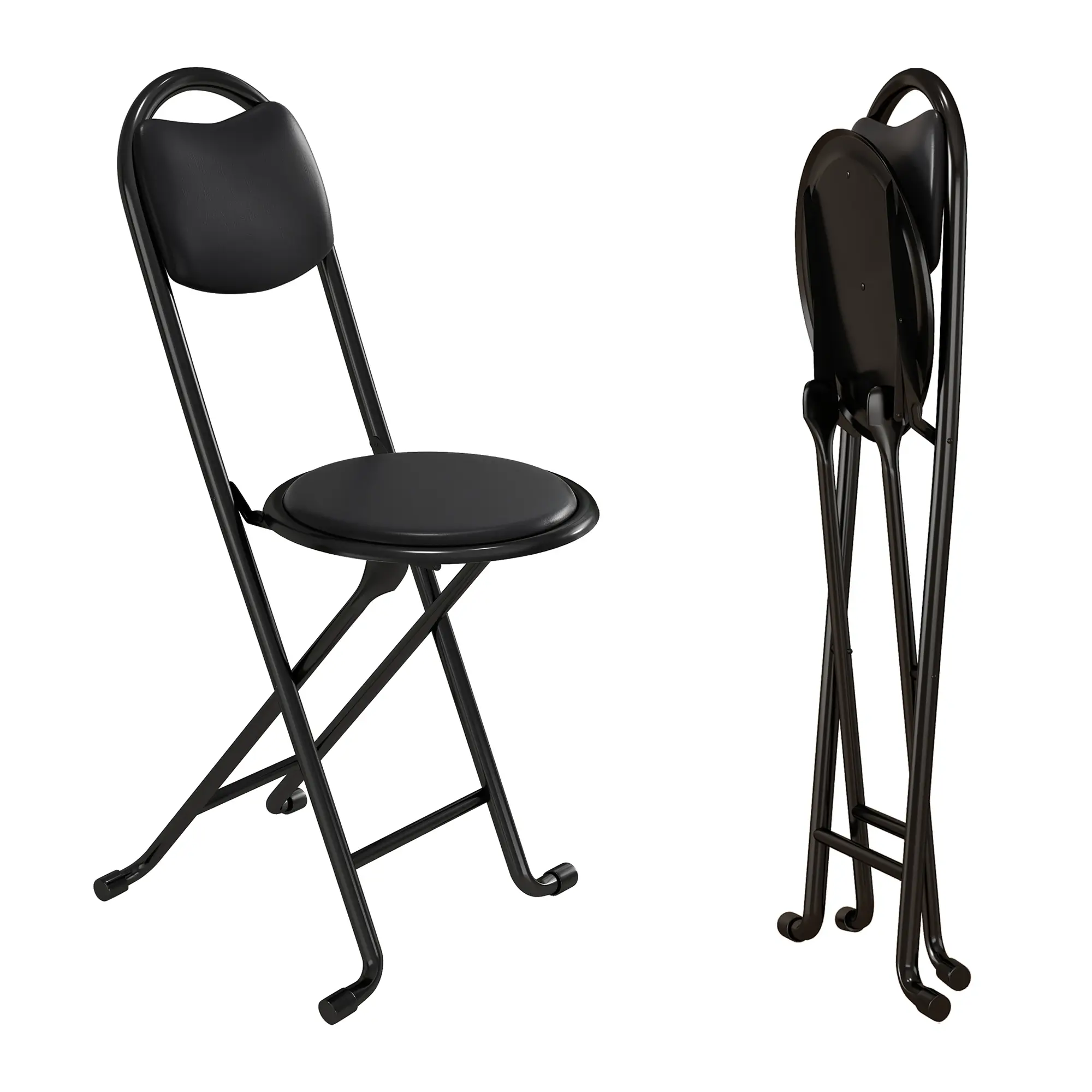 2pcs 17in Black Metal Folding Bar Stools with Back & Cushioned Seat, Portable Indoor-Outdoor Furniture for Kitchen, Garden, Camping